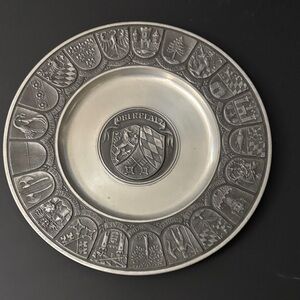 Vintage Authentic German Pewter Decorative Wall  Plate.  Has a hook to hang.
